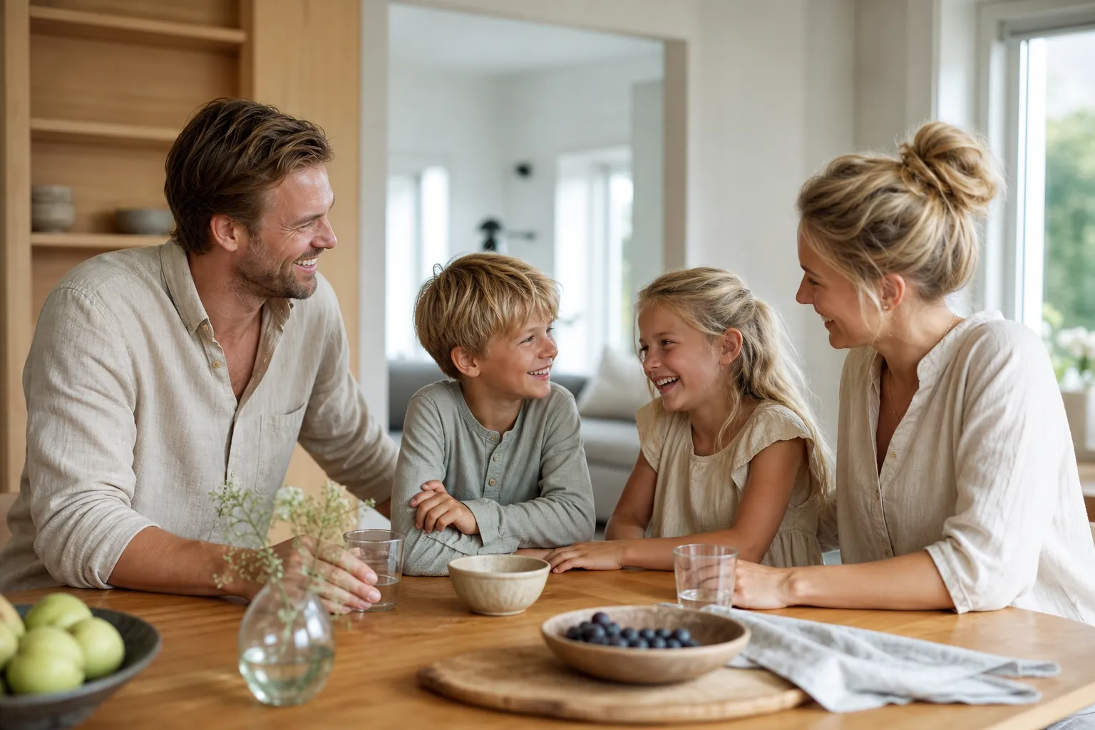 Nordisk familj samlad i ljust hem