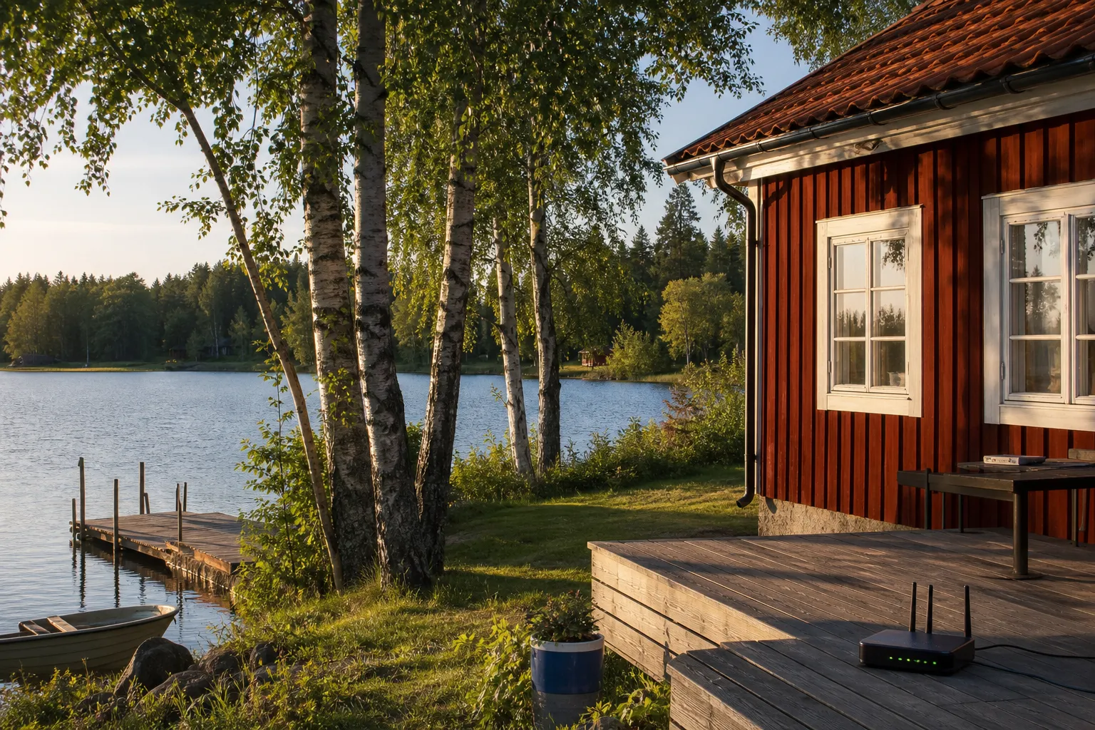 Röd svensk stuga vid sjö med portabel router på bryggan