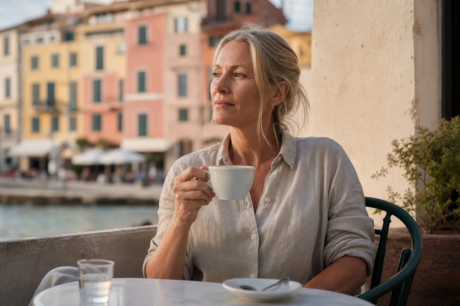 Nordisk kvinna vid medelhavskafé — EU-roaming med Telenor